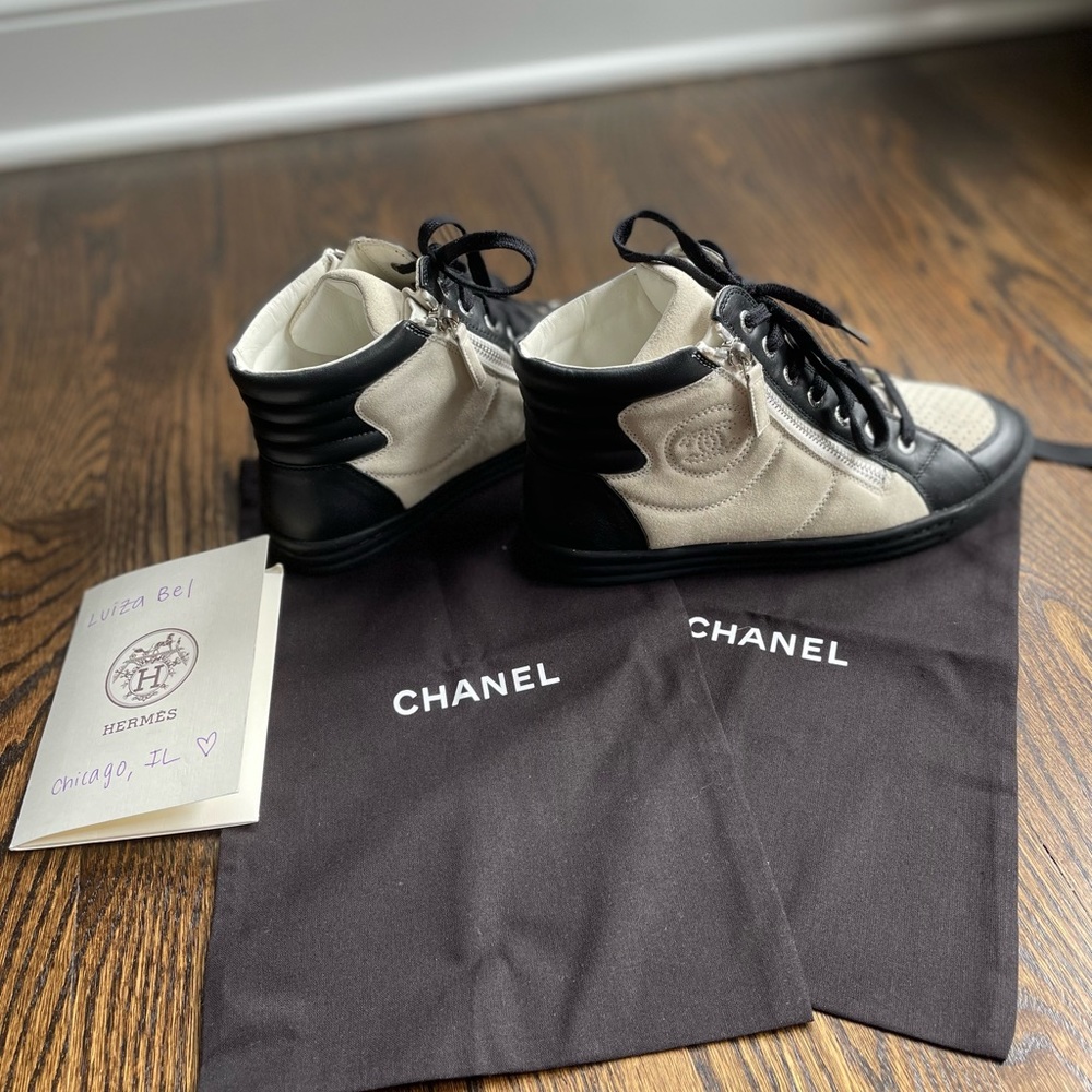 Chanel Off White Beige and Black High Top Sneakers Size 36
